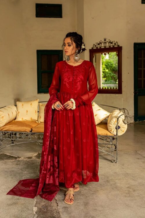 3 Piece Chiffon Embroidered Dress – Dark Maroon