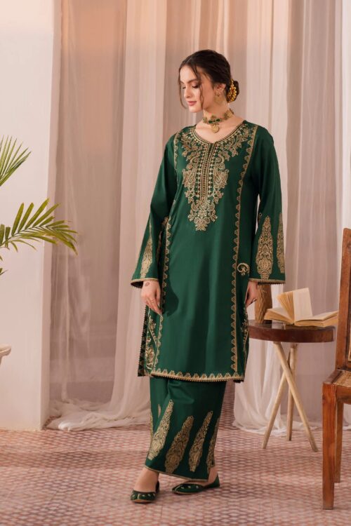 2 Piece Printed Lawn Dress – Dark Green