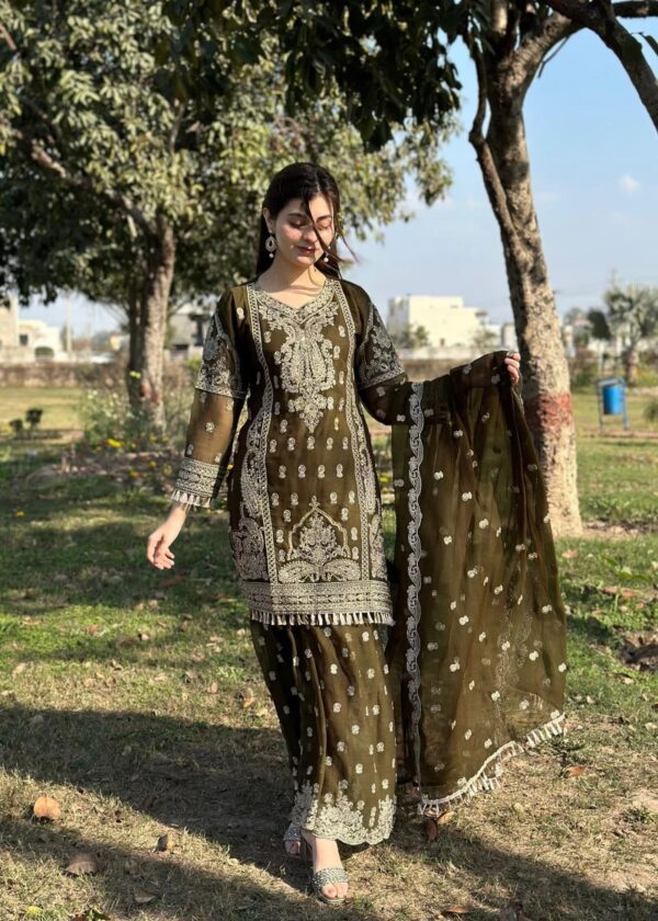 3 Piece Chiffon Embroidered Gharara Dress - Green