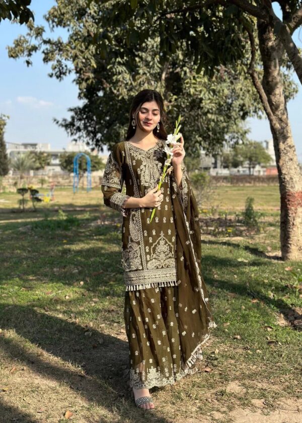 3 Piece Chiffon Embroidered Gharara Dress - Green