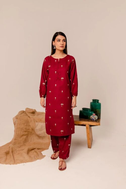 3 Piece Marina Embroidered Dress – Deep Marooned