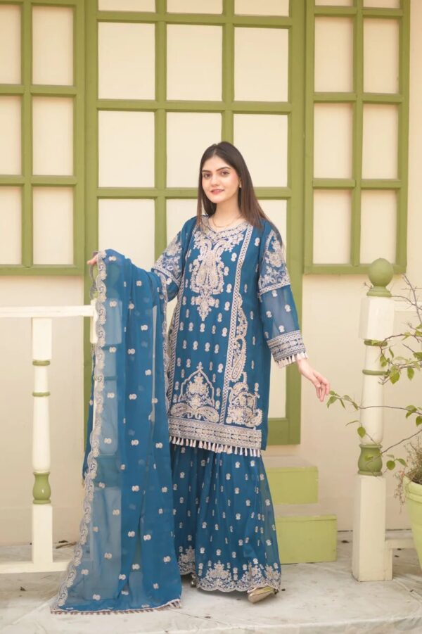 3 Piece Chiffon Embroidered Gharara Dress - Blue