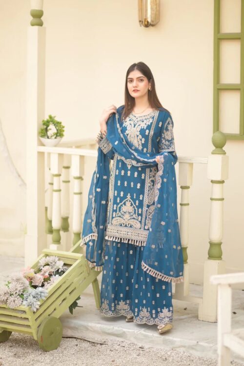 3 Piece Chiffon Embroidered Gharara Dress – Blue