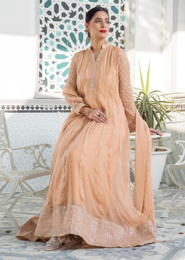 3 Piece Chiffon Embroidered Maxi Dress - Peach