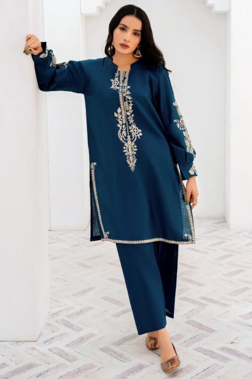 2 Piece Cotton Embroidered Dress – Blue