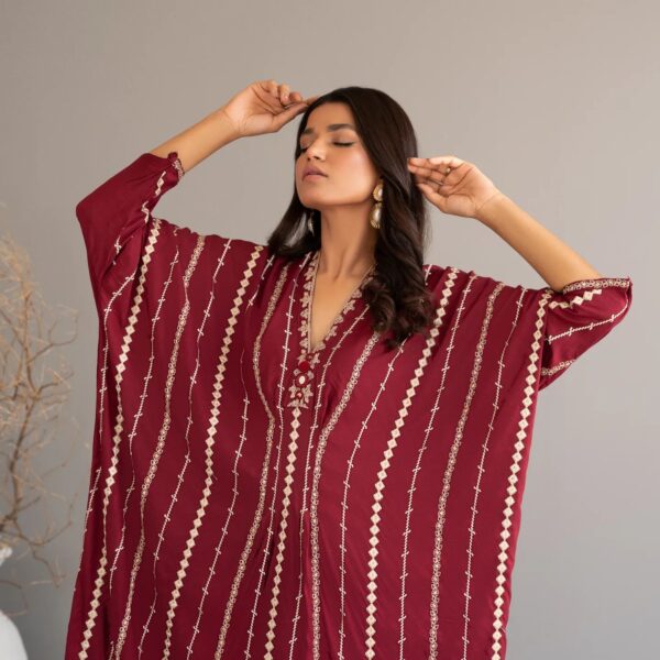 Lawn Embroidered Kaftan Dress - Red