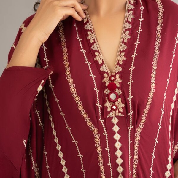 Lawn Embroidered Kaftan Dress - Red