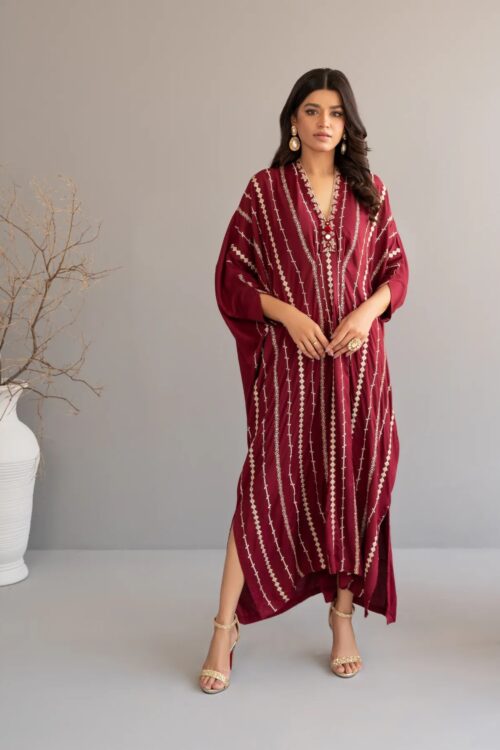 Lawn Embroidered Kaftan Dress – Red