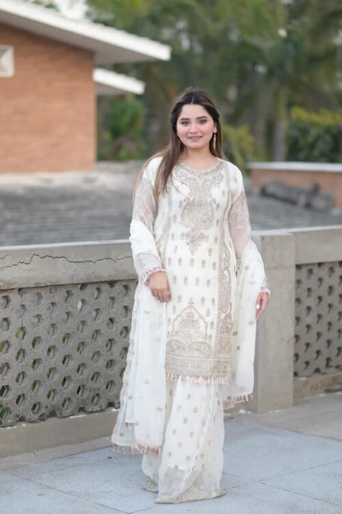 3 Piece Chiffon Embroidered Gharara Dress – White