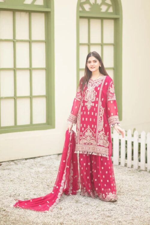 3 Piece Chiffon Embroidered Gharara Dress – Pink