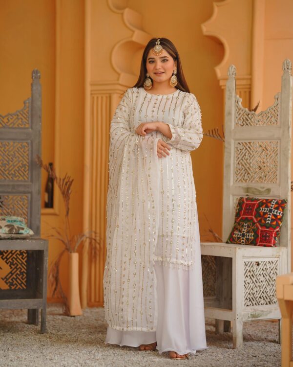 3 Piece Embroidered Chiffon Dress - White