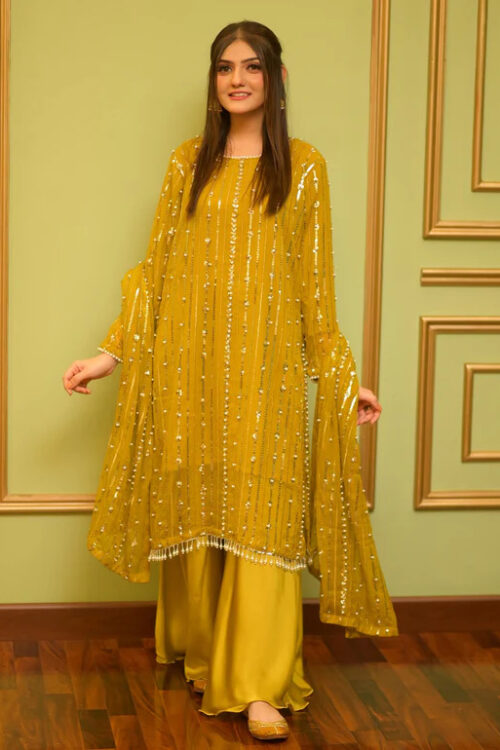 3 Piece Embroidered Chiffon Dress – Yellow