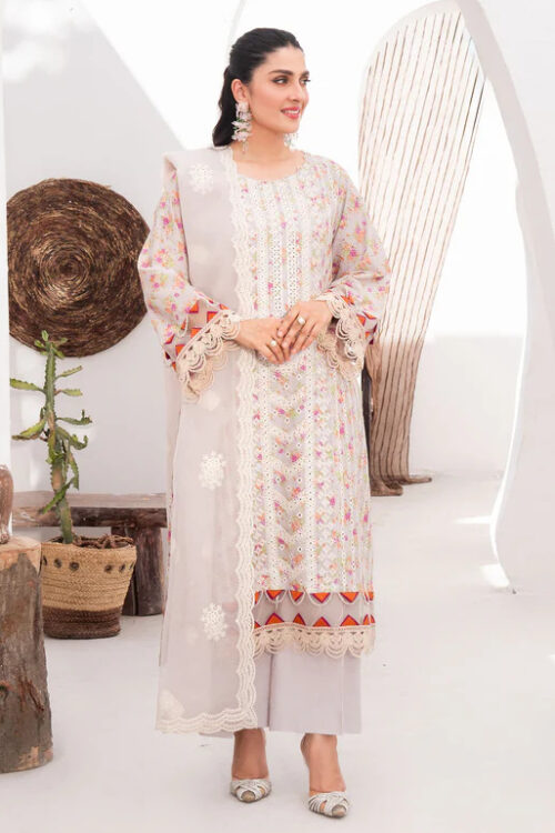 3 Piece Lawn Embroidered Dress – Pastel Grey