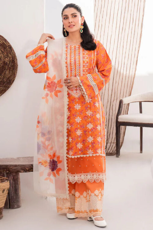 Lawn Embroidered Dress 3 Piece – Orange