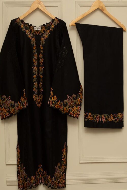 Two Piece Embroidered Lawn Suit – Black