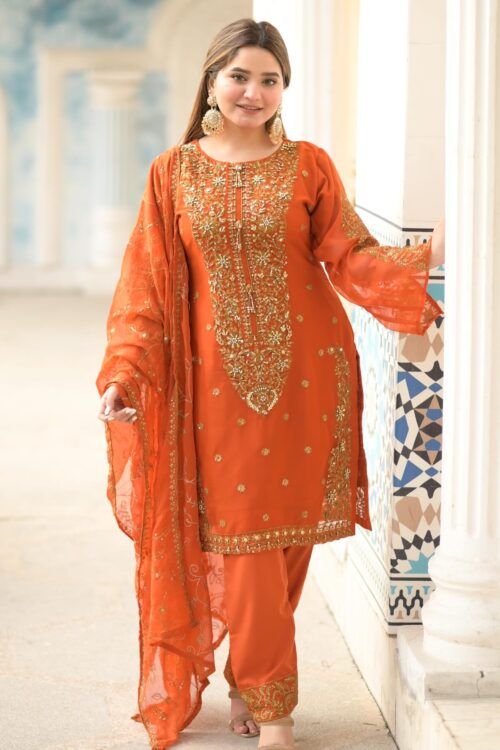 3 Piece Chiffon Embroidered Dress – Orange